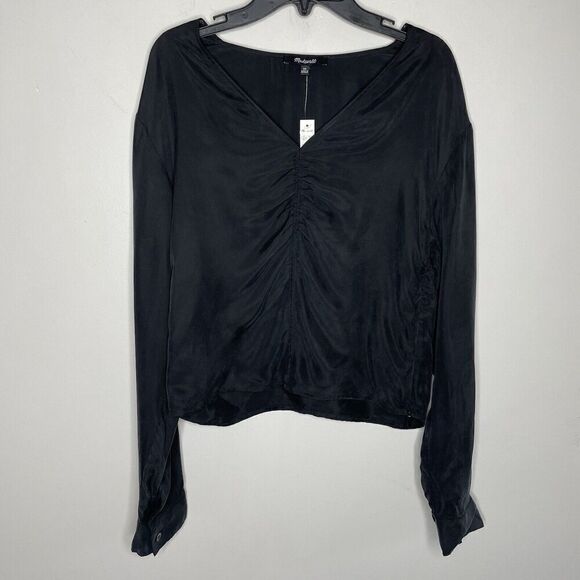 MADEWELL Top Women 00 Black Brushed Ruched-Front NEW Long Sleeve Blouse NN960 - Picture 4 of 16